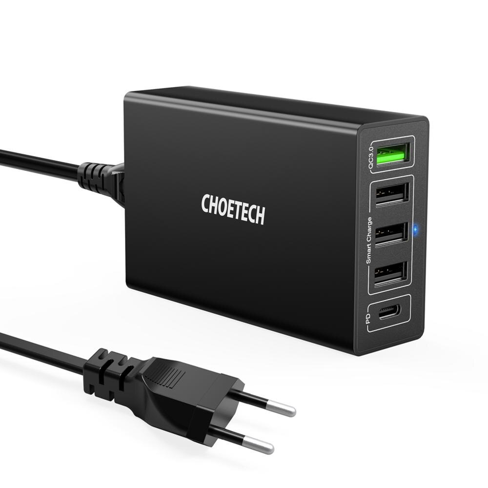CHOETECH, Cargador USB de 5 puertos, 60W PD, multiestación de carga USB con acoplamiento Universal para teléfono móvil, pared de escritorio, enchufe para UE y Reino Unido: EU Plug