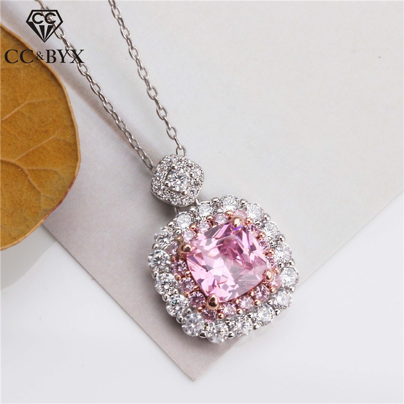 CC Necklaces Pendants For Women 925 Silver Cubic Zirconia Pink/Yellow Square Stone Bridal Wedding Pendant No Chain CCN250