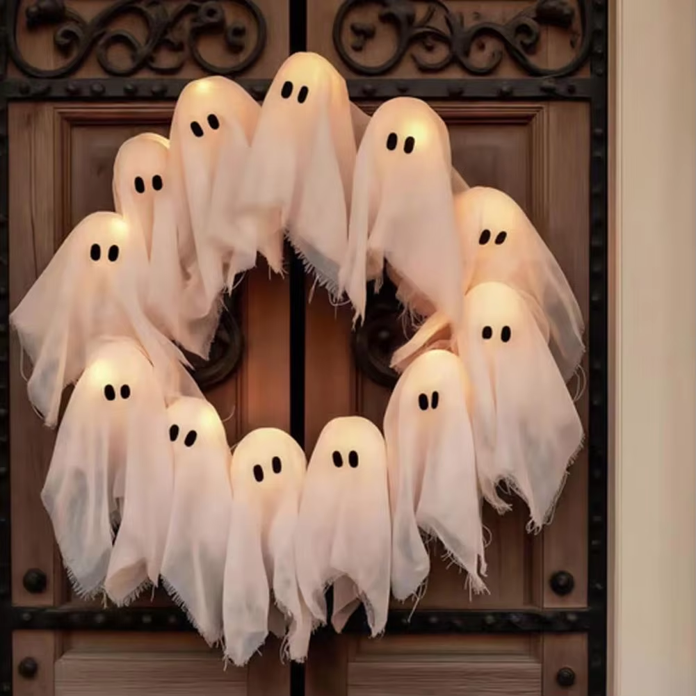 Glödande halloween-dekoration led-spökljus lysande spökkrans utomhusväggdekor kuslig ytterdörrhängande dekor