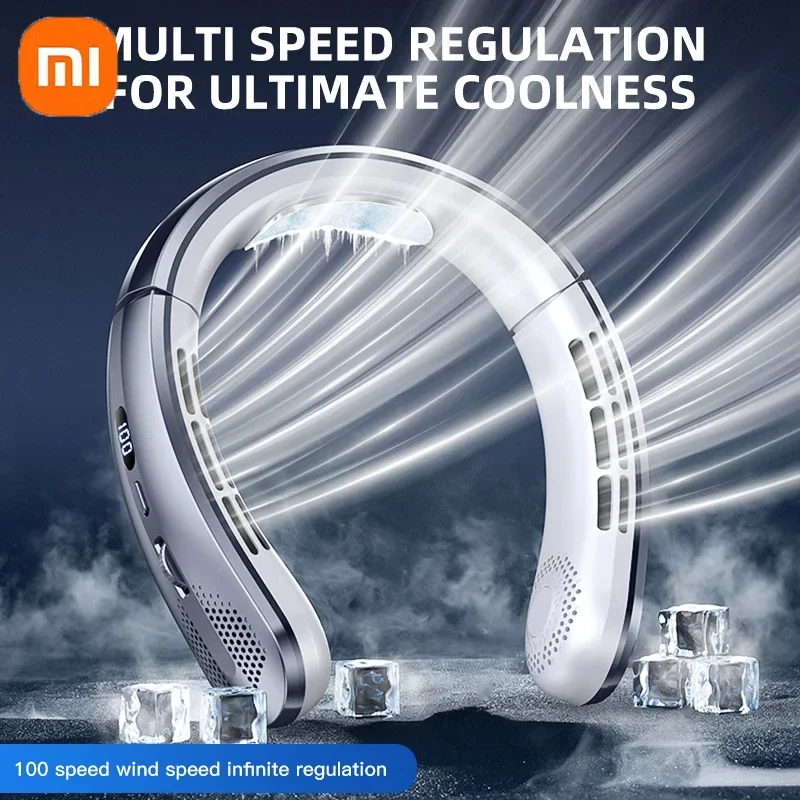 Przenośny wentylator na szyję Xiaomi z wyświetlaczem cyfrowym, bezłopatkowy wentylator na szyję, chłodzenie powietrzem, ładowany przez USB, narzędzie chłodzące