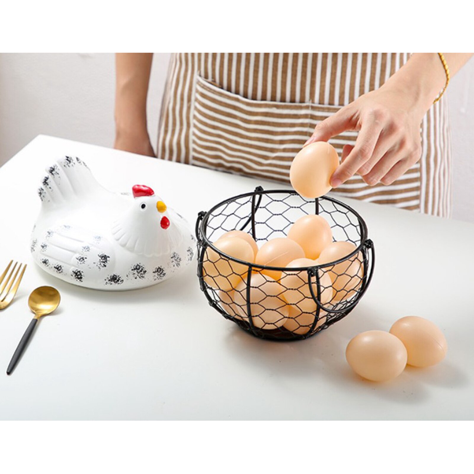 Cesta de huevos de alambre de Metal de cerámica para Gallina, cuenco decorativo para frutas y verduras