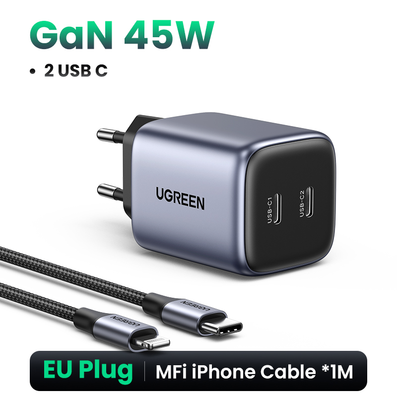 UGREEN-cargador USB con enchufe de EE. UU., Cargador rápido de 45W GaN, PD QC 3,0, USB C, cargador rápido para iPhone 14 13, cargador portátil de viaje: DE