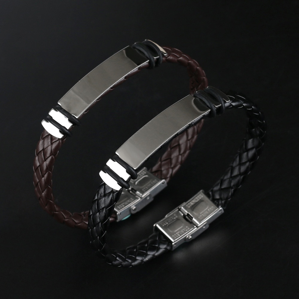 Retro boho Black Braid Woven Leather Stainless Steel Bracelet Men Bangle Men Jewelry Vintage Couple