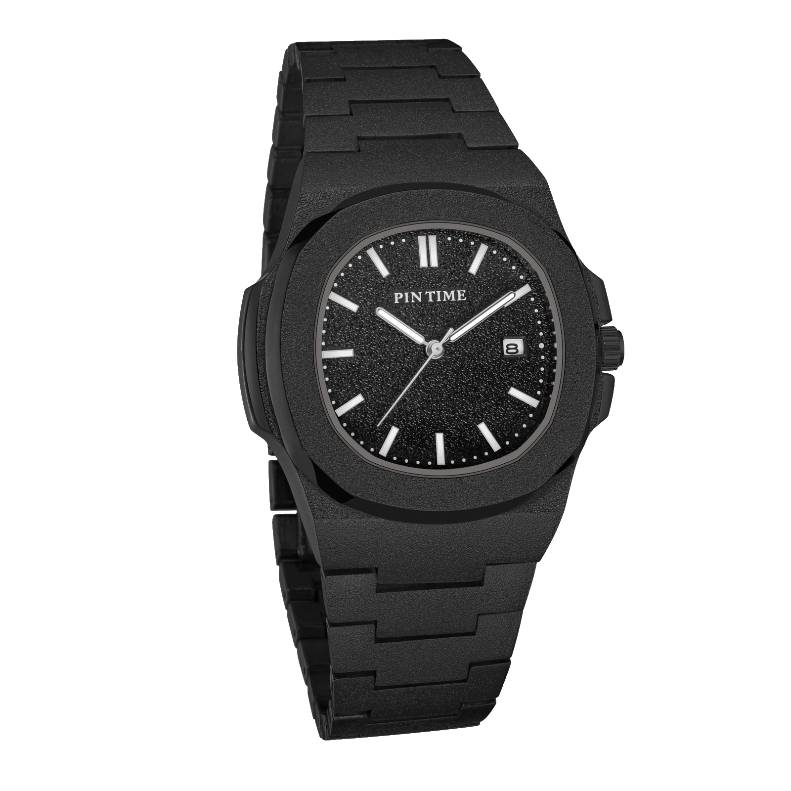 PINTIME Mens Luxury Watch Frosted Stainless Steel Quartz Movement Watches Male Sport Wristwatch