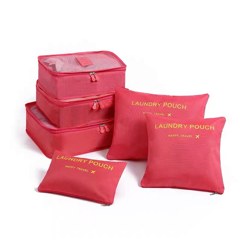 6 sæt pakning terninger nylon vandafvisende kompression udendørs rejse bagage opbevaring arrangør tasker til tøj sko makeup: Rød