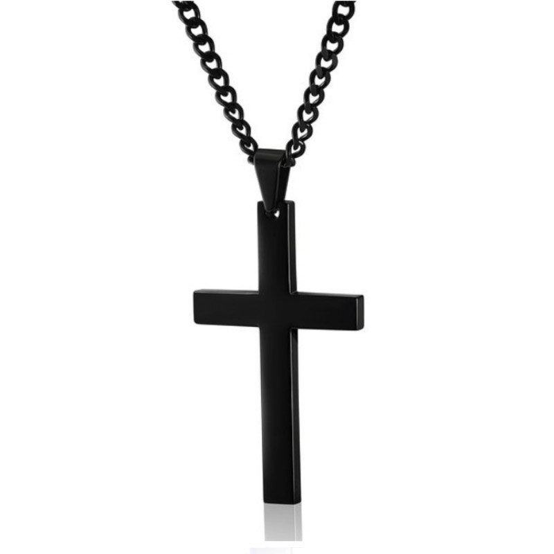 Punk Stainless Steel Cross Gold Silver Color Necklace for Women Men Vintage Chain Crystal Pendant Long Necklaces Jewelry: Black