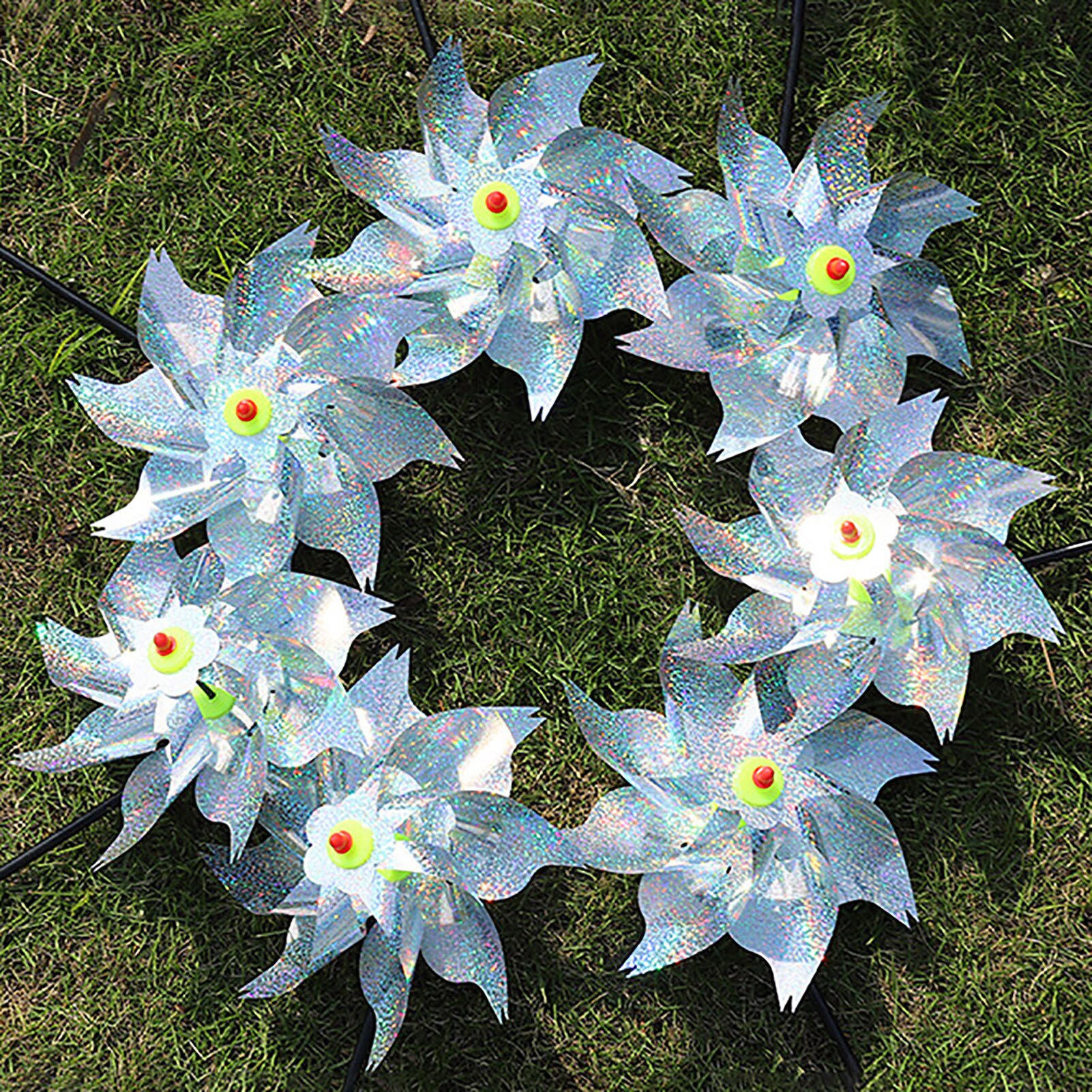 24CM Silver Rotating Windmill Bird Repeller With Stakes Sparkly Agricultural Bird Control Device Garden Ornament Pinwheel