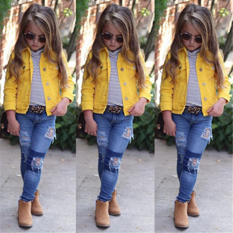 Children Baby Girl Kids Outerwear Coat Denim Jacket Jeans Long Sleeve Solid Yellow Girls Tops Clothes 1-6T