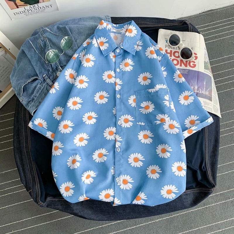 herren Hemden Japan Stil Streetwear Blume Hemd Männlichen lässig Männer Kleidung Sommer Tendenzen Männer Hemden: Blau / L