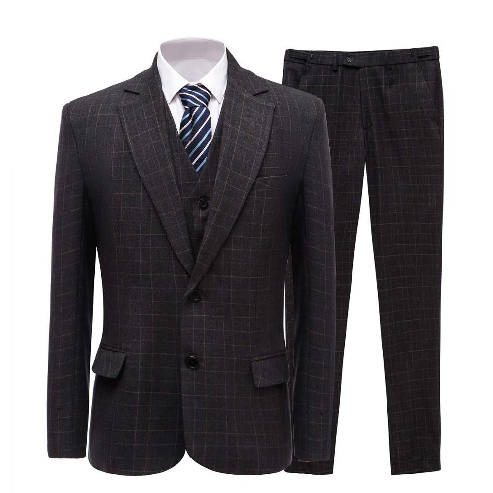 Mens Suits With Pants Slim Fit 3 Pieces Business Groom Plaid Jacket Tuxedos Blazer Grey Suits for Wedding Prom Evening Groomsmen