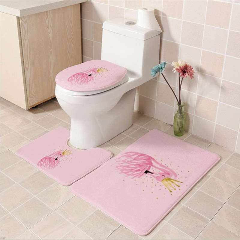 3 stk / sæt badeværelsesmåtte sæt flannel skridsikker køkken bademåtte tæppe badeværelse tæppe vaskbar enkel boligindretning toilet sædehynde: Flamingo
