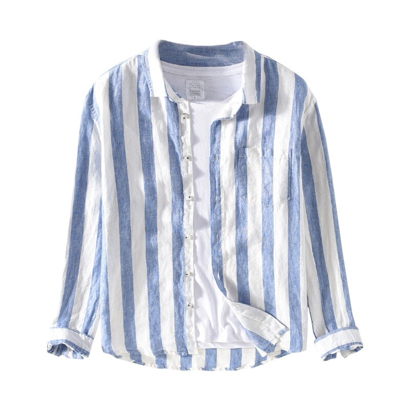 1901 Men Spring Fall Brand Linen Long Sleeve Nave Blue Strip Patchwork Turn Down Collar Casual Classical Male Chic Shirt