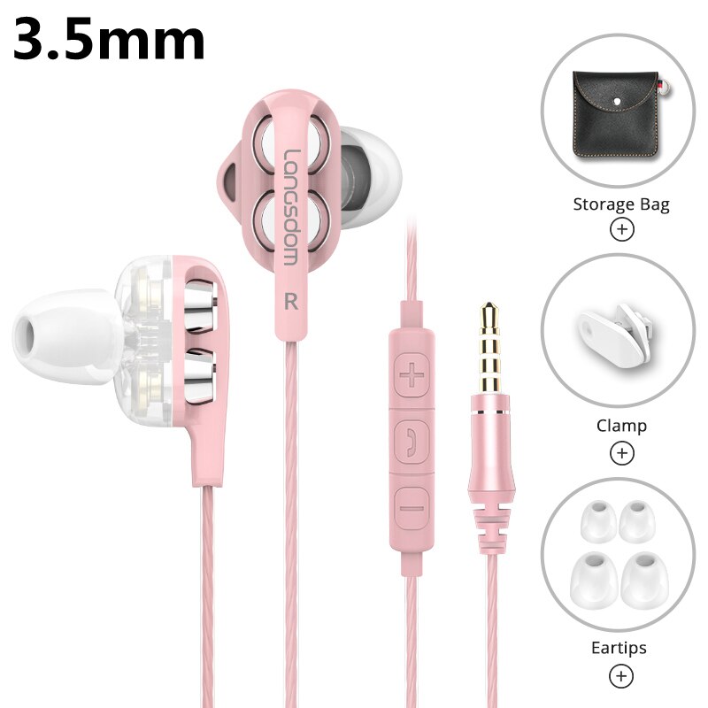 Langsdom D4C Wired Earphone Headphones with Microphone Dual Driver Phone Earphones Type C Ear Phones auriculares fone de ouvido: 3.5MM Pink