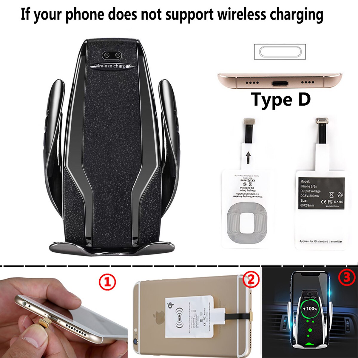 Qi Automatic Clamping Car Phone Holder Fast 10W Wireless Charging Car Charger Holder Mount Air Vent for iPhone X Max XR Samsung: Black For iPhone