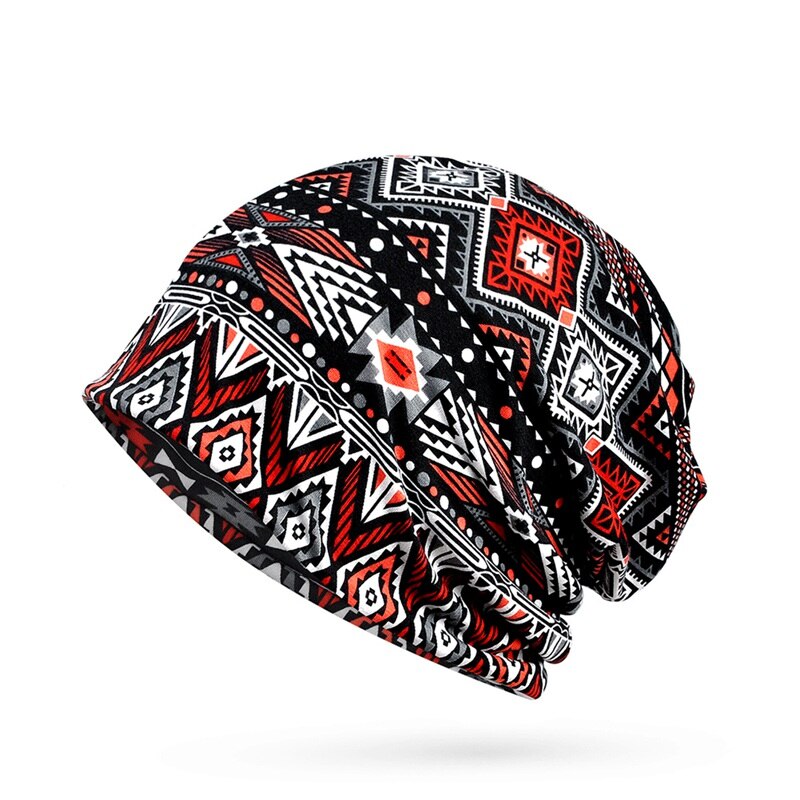 Beanies Cap Scarf Adult Geometric Printed Sunshade Breathable Elastic Cotton Hat Neck Warmer Travel Heawear: Black