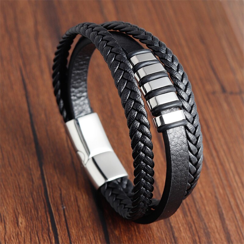 Leather Bracelet Men Multilayer Stainless Steel Handmade Braided Leather Bracelet For Men Jewelry: 1
