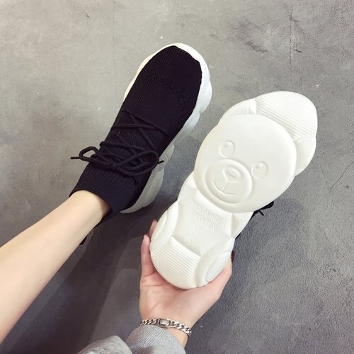 Dames hoge top witte zwarte sneakers dames breischoenen lente zomer casual mesh dikke zool schoenen: Zwart / 35