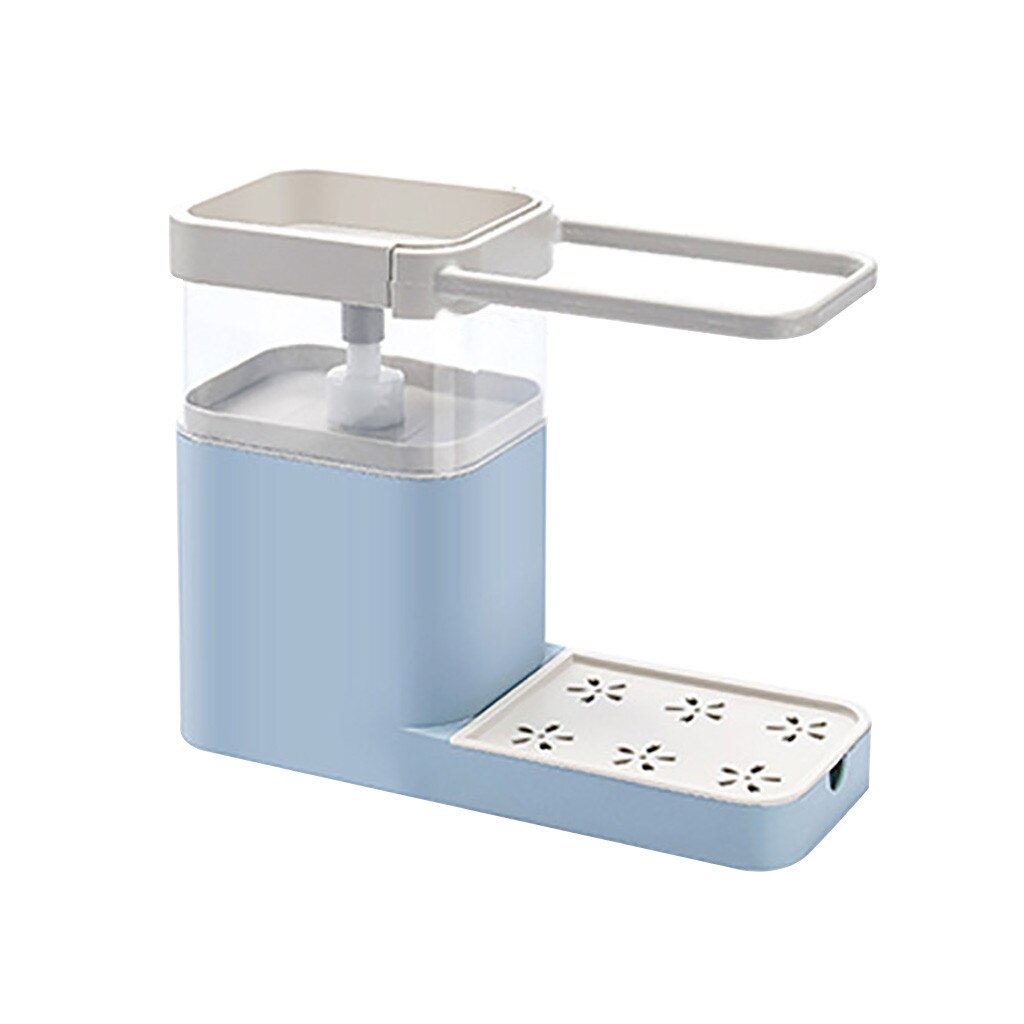 Dispensador de jabón líquido 3 en 1 + soporte para esponja de cocina + soporte para toalla de té prensa de mano, organizador de jabón, contenedor, herramientas de Limpiador de cocina: Azul