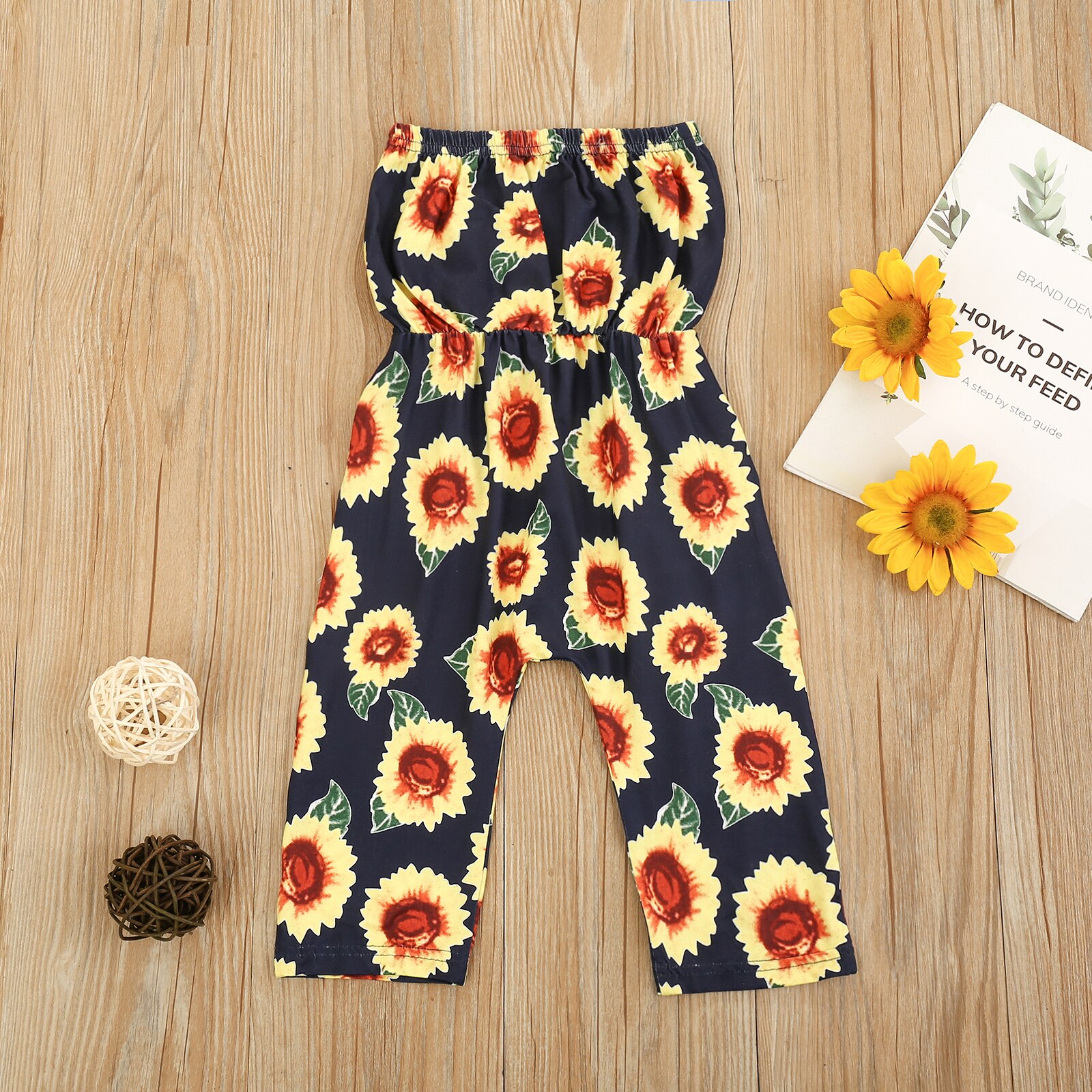 Zonnebloem Print Meisje Jumpsuits 2-7Y Kid Overalls Baby Girl Outfit Kleding Mouwloze Off Shoulder Romper Jumpsuit