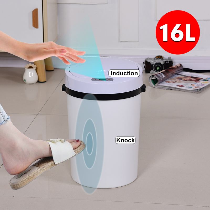 16L Automatic Induction Trash Can Touchless Smart Infrared Motion Sensor Rubbish Waste Bin Eco-friendly Waste Garbage Bin: B White