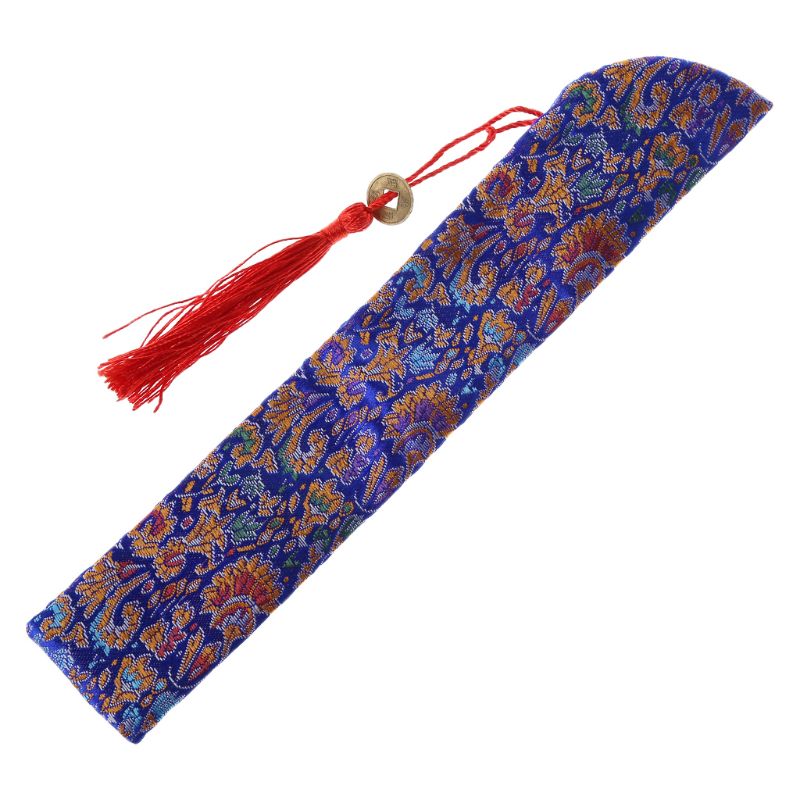 Silkefoldning kinesisk hånd fan taske med kvast støvtæt holder beskyttelsespose taske cover retro stil  e15b: Dyb blå