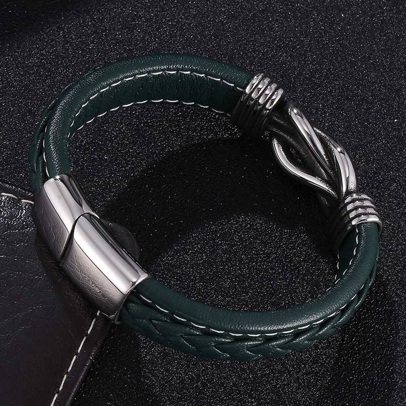 Punk Jewelry Men Green Leather Bracelet Irregular Winding Graphic Stainless Steel Magnet Clasp Male Wristband Man SP0770