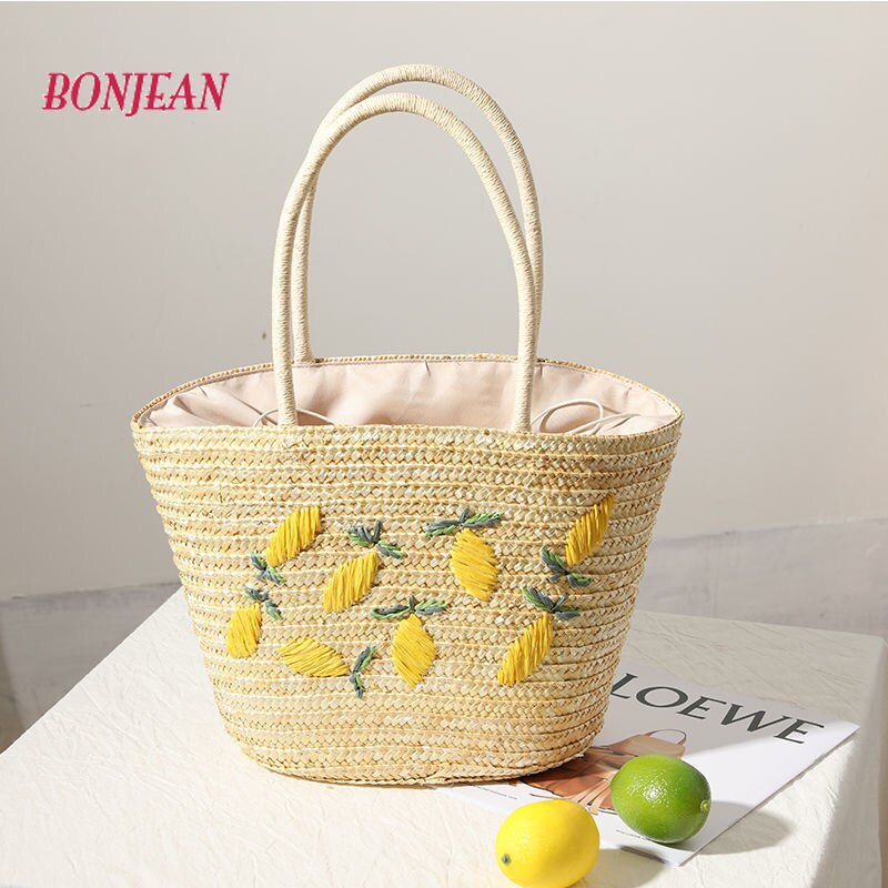 Vrouwelijke Weave Tote Bag Citroen Mode Zomer Strand Vrouwen Handtas Kleine Zadeltas Toevallige Stro Strand Reistas Ins