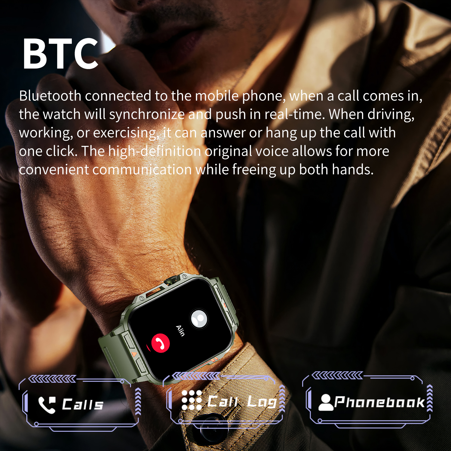 Montre intelligente militaire extérieure pour hommes et femmes, appel Bluetooth, tracker de fitness sportif, surveillance de la fréquence cardiaque, 340mAh
