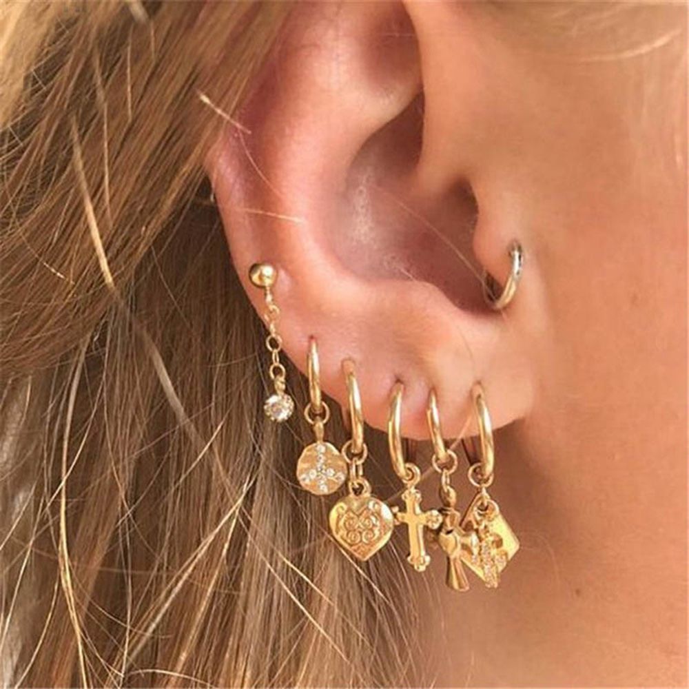Kmvexo Vintage Gouden Bal Cross Hart Geometrische Earring Sets Voor Vrouwen Punk Crystal Pearl Stud Oorbellen Sieraden