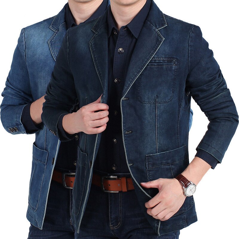 Denim Suit Man Four Seasons Casual Loose Plus Size Solid Color Full Sleeve Pockets Young Coats Jacket Male