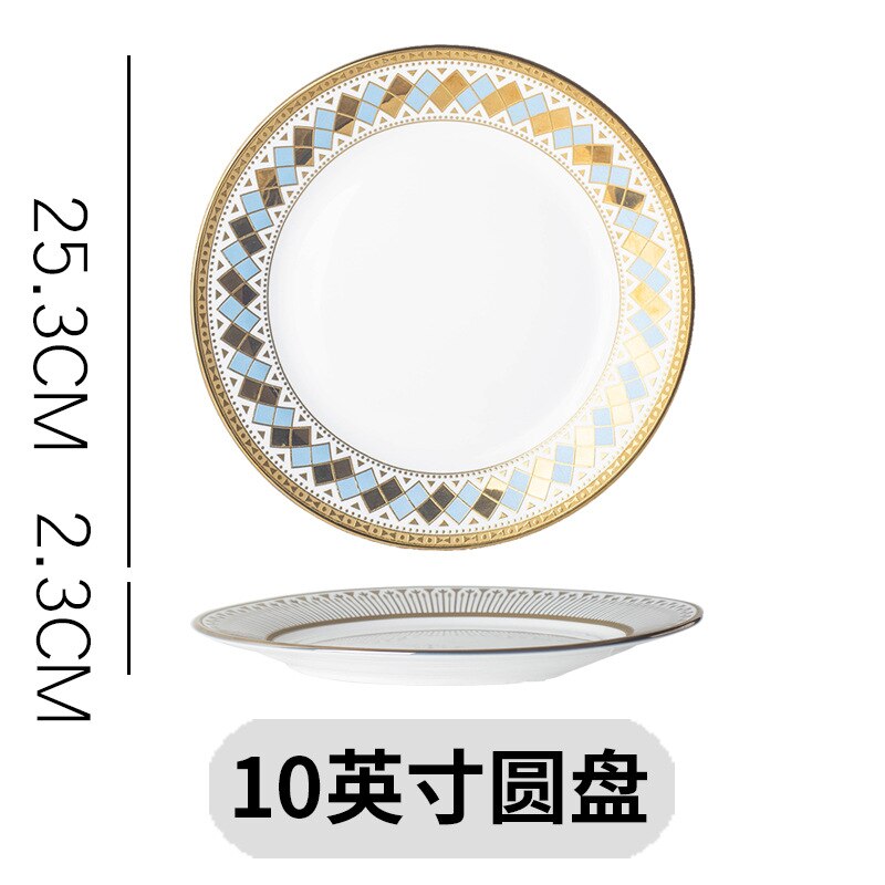 High-grade Ceramic Western Food Steak Plate 10-inches Gold-plated Tableware Home Exquisite Fruit Salad Breakfast Plate Tableware: D-10inches