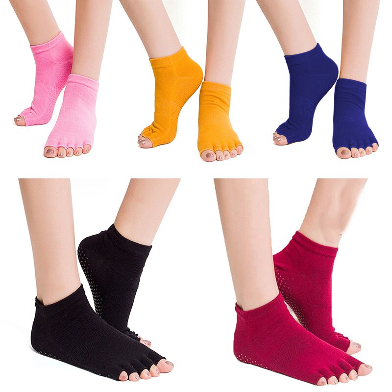 Antiderrapante meia toe yoga pilates meias meia massagem esportes aberto-dedo do pé meias de dança algodão pilates dança exercício esporte meias