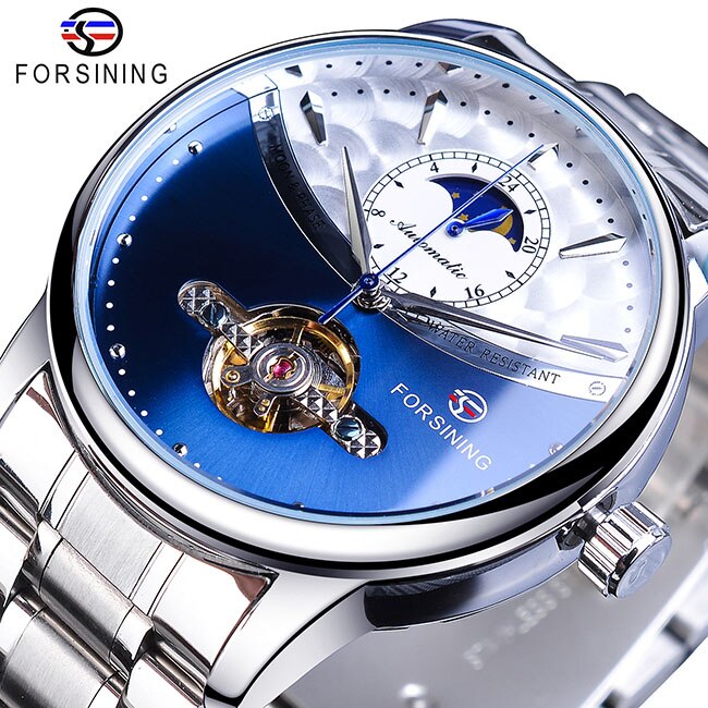 Forsining Mannelijke Horloges Casual Automatische Maanstand Half Dial Self-Wind Mechanische Roestvrij Stalen Band Jurk Horloges: S1150-10