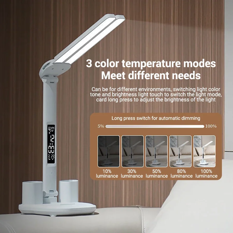 Lampada da tavolo a portato Lampada da scrivania dimmerabile ricaricabile USB a doppia testa con orologio calendario Protezione per gli occhi pieghevole Luce notturna da lettura