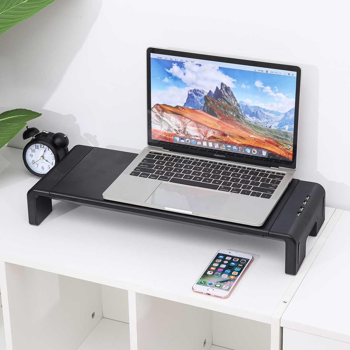 Smart 4 USB 2.0 Ports Monitor Riser Multi-function Desktop Computer Screen Shelf Stand Laptop TV Stand Desk Holder Accessories