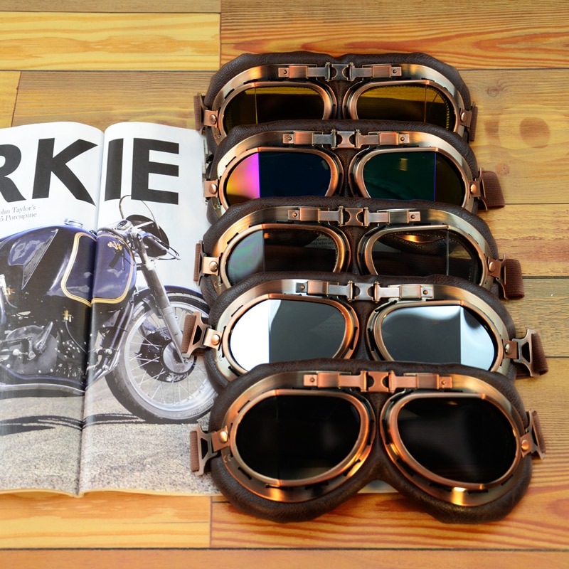 Lunettes de moto pour casque, pour pilote aviateur, rétro, en cuir PU, cuivre lunettes, pour Cruiser Cafe Racer