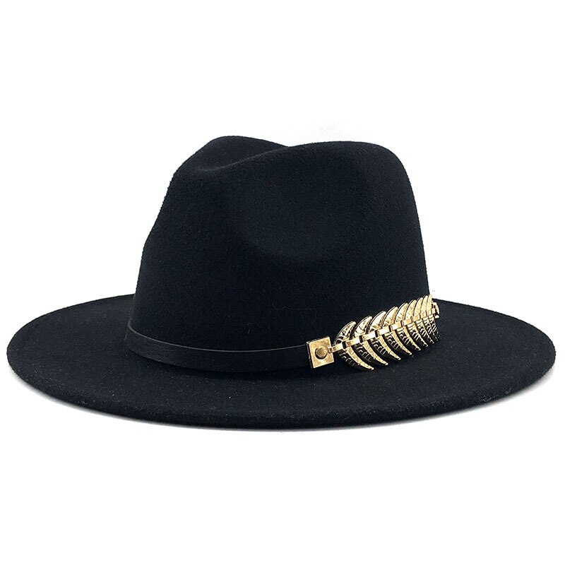 Female Jazz Hat Fashionable Metal Leaf Jazz Hat Woolen Winter Fedora Hat for Women: Black