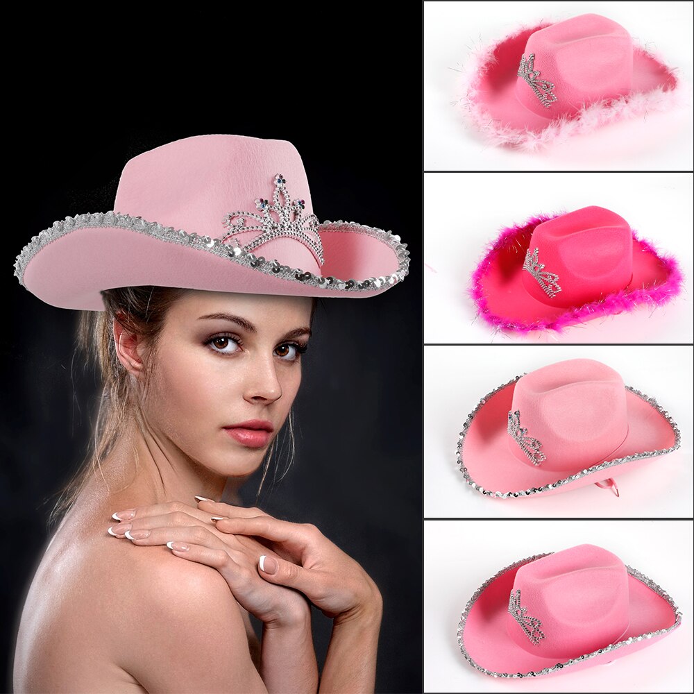 Western Cowboy Hat Pink Women's Bucket Hat Cowgirl Cap with Sparkly Sequins Tiara Decor Costume Funny Party Hats