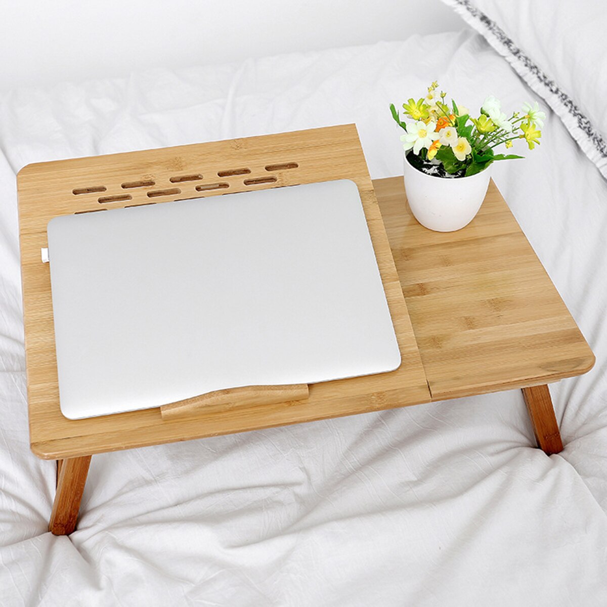 Foldable Bamboo Notebook Laptop Desk Stand Bed Tray Table Height Adjustable with 4 Angles Tilting Top Cooling Fan Drawer