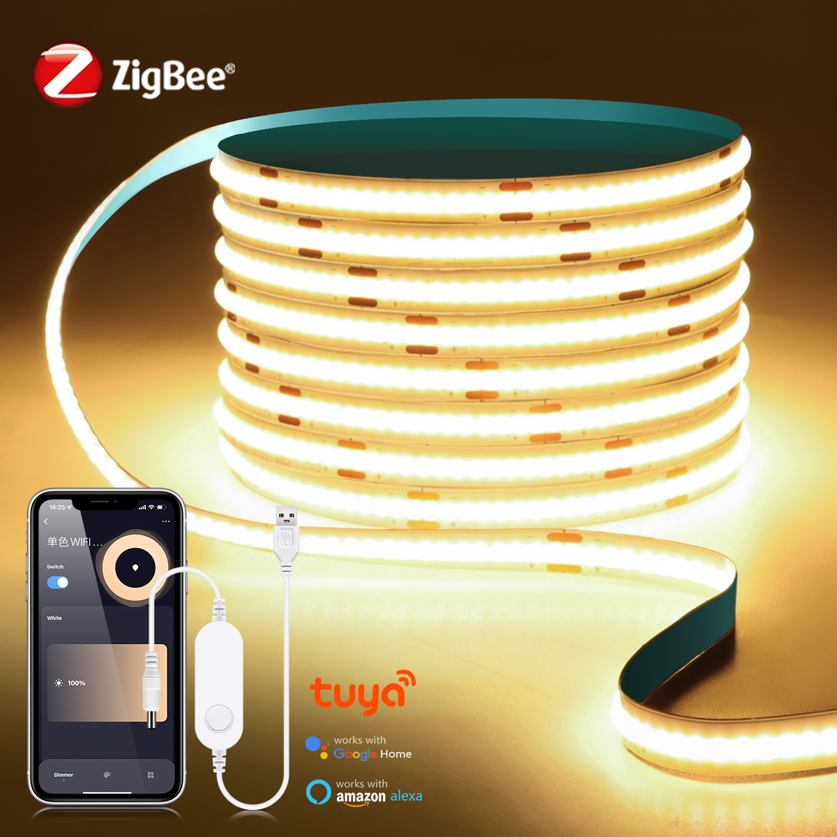 Tira de luces LED ZigBee COB, luces inteligentes Tuya Alexa, cinta LED de neón regulable USB de 5V con controlador de atenuación Wifi, decoración para dormitorio, habitación y cocina: De Color3 / 1 m