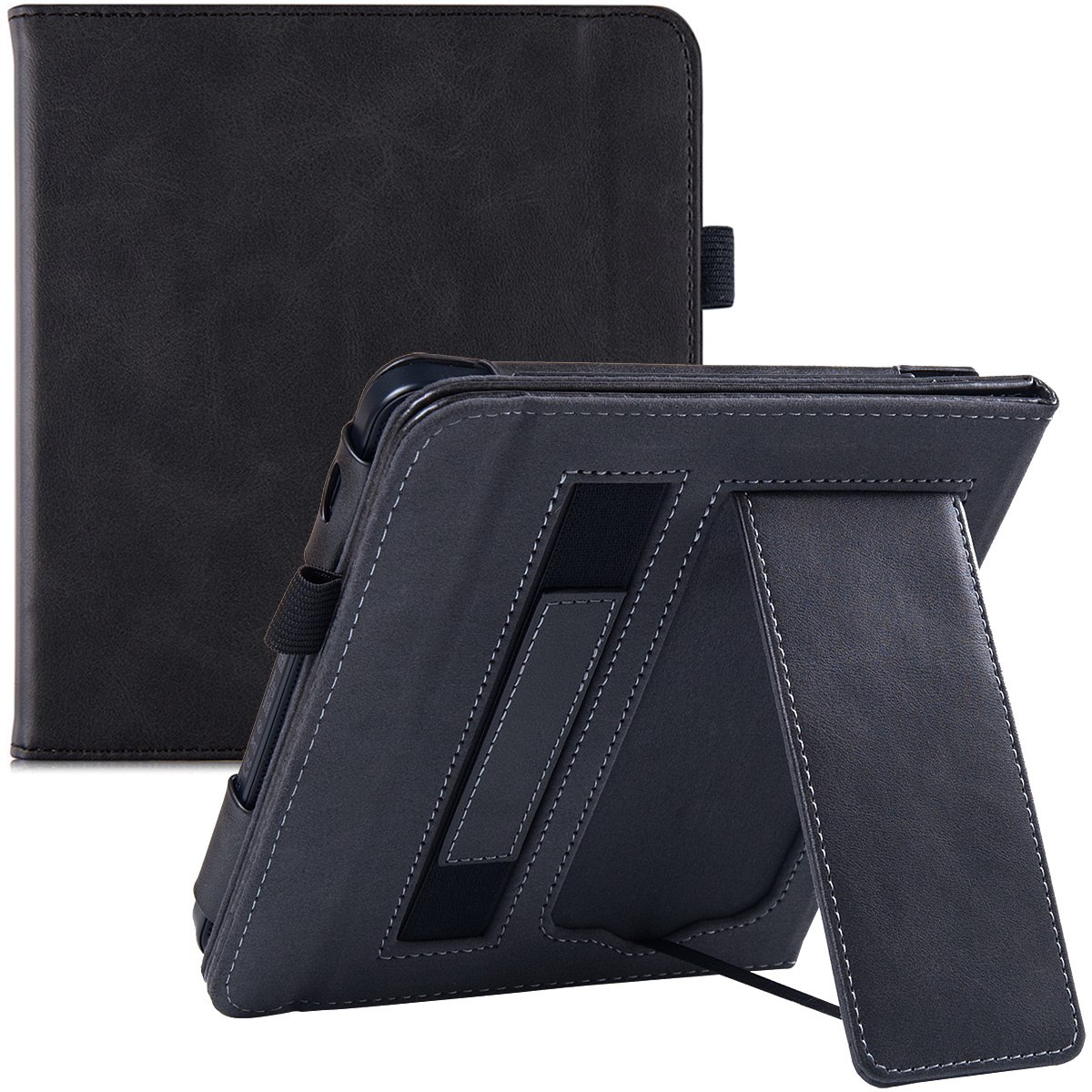 Stand Case voor Kobo Libra 2 eReader uitgebracht, model N418) - Premium PU-lederen hoes met draagriem/Auto Sleep/Wake: Rock Black