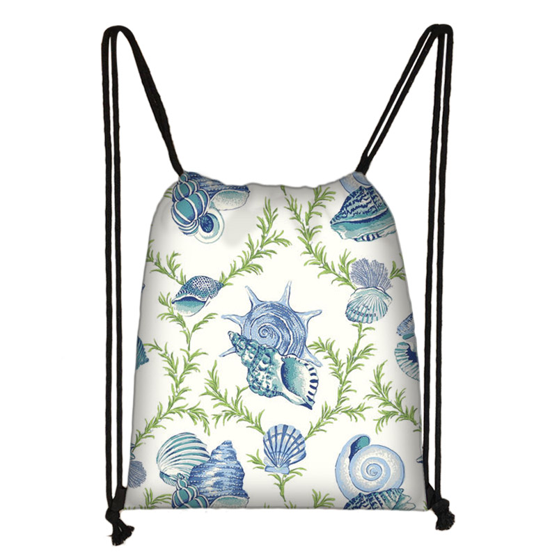 Zee Conch Tekening Afdrukken Trekkoord Tas Vrouwen Opbergtas Jongens Meisjes Casual Fish Zeester Patroon Reistassen Boekentas: skdconch16