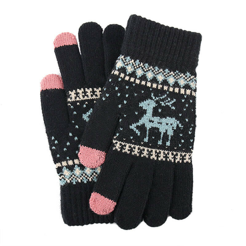 Christmas Elk Printed Knitted Gloves Thicken Warm Winter Touchscreen Glove Women Girls Full Finger Gloves Outdoor Shopping: Black