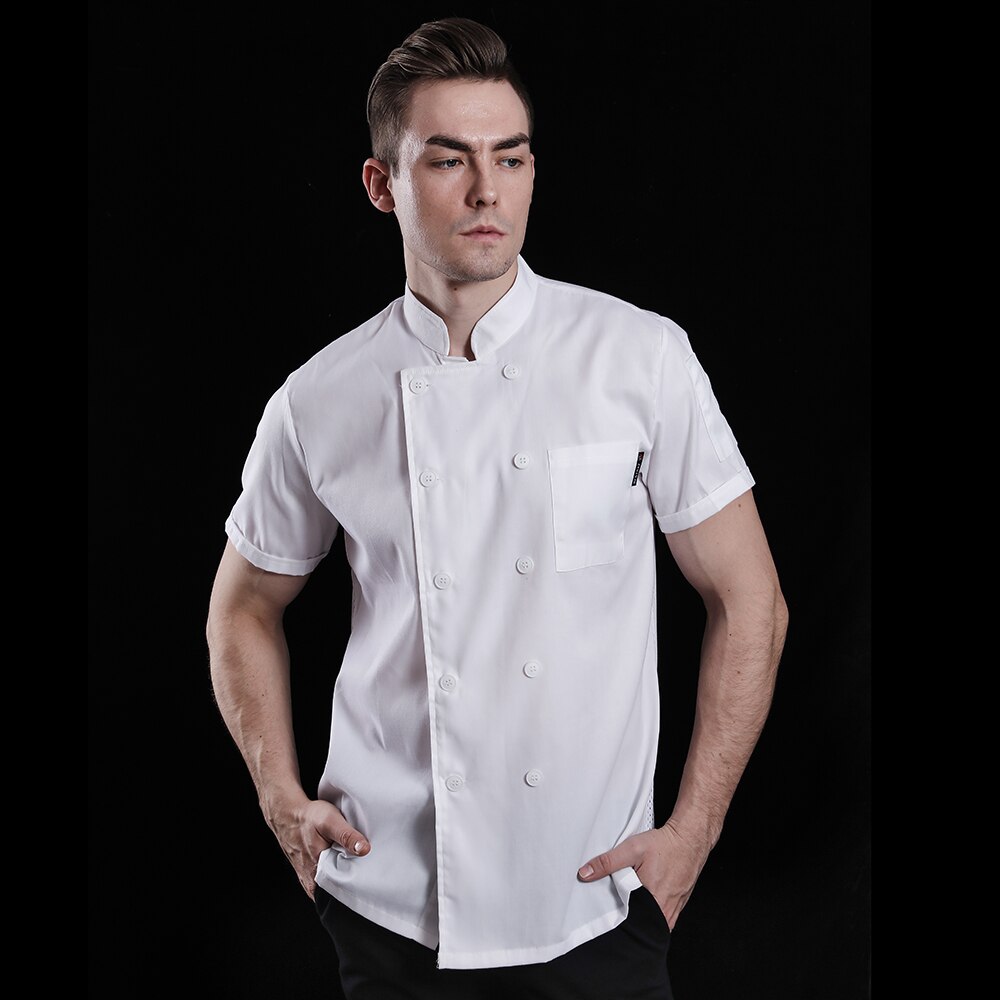 Ensfarvet gitter åndbart kortærmet kok uniform unisex kok madlavning jakke kaffe restaurant tjener uniform: Xxl