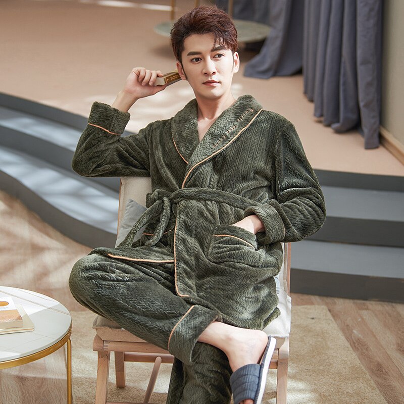 Dikke Warme Flanel Robe + Broek 2Pc Winter Fall Mannen Pyjama Pak Coral Fleece Kleed Set Volledige Mouw Nachtkleding mannen Pijamas Homewear