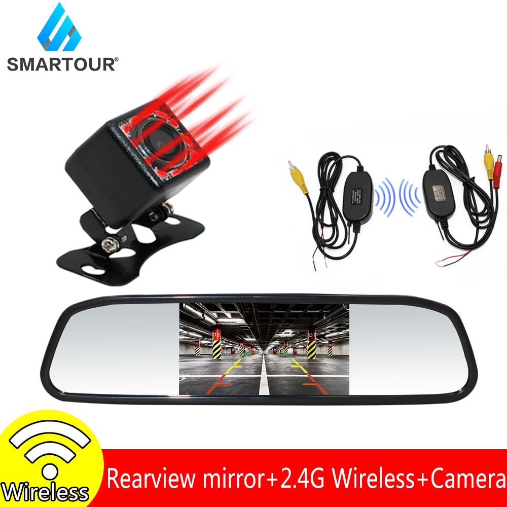 Cámara de marcha atrás smartour de 4.3 pulgadas para coche, monitor de espejo retrovisor hd, transmisor de aparcamiento inalámbrico