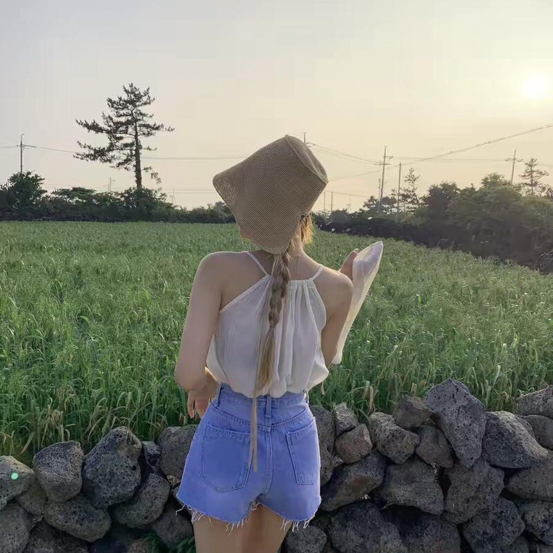 Forårssommer loli halmhat rejse ved havet skygge raffia hæklet hat kvindelige solhat hatte til damer turban hat