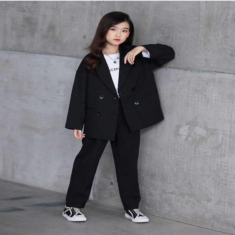 2021 New Spring adolescenti bambini ragazze vestito giacca cappotto nero bambini stile Casual abiti di moda E1372