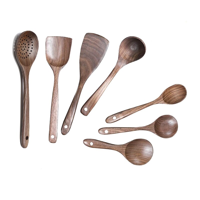 Juego de utensilios de cocina de madera, 7 Uds., cucharón de madera de nogal negro, espátula para cocinar, cuchara mezcladora: Default Title
