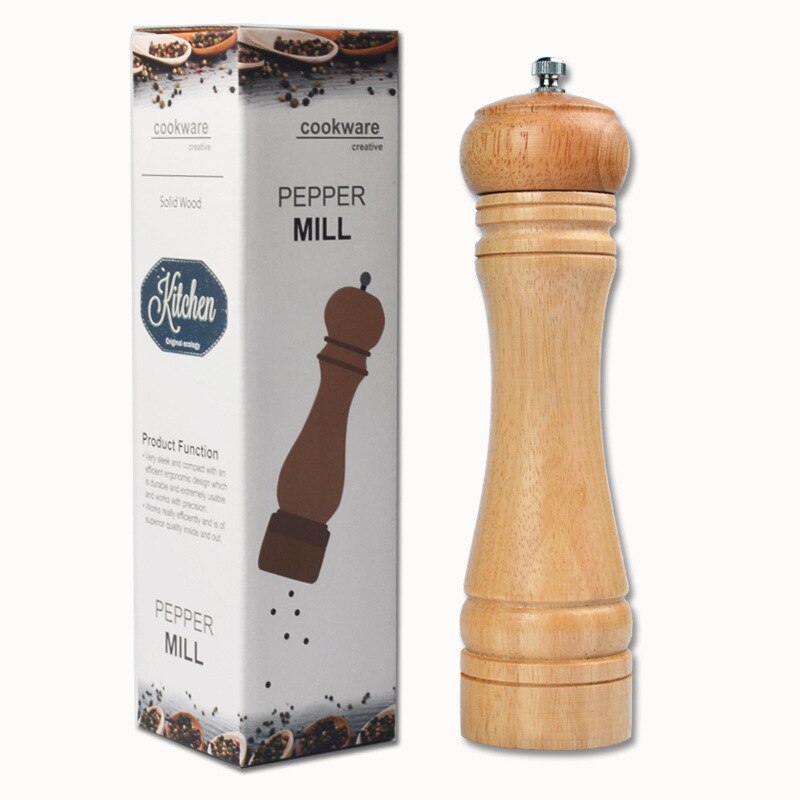 Natural Oak Wood Pepper Spice Mill Grinder Handheld Seasoning Mills Grinder Spice Milling Machine Adjustable Wood Pepper Shakers: 8 inch With Box
